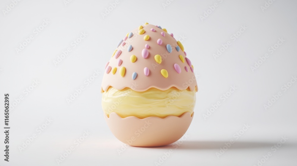 Delightful 3D Easter Egg Filled with Cheesecake, Pastel Accents on White Background for Campaign Text Space Delightful 3D Easter Egg Filled with Cheesecake, Pastel Accents on White Background for Campaign Text Space