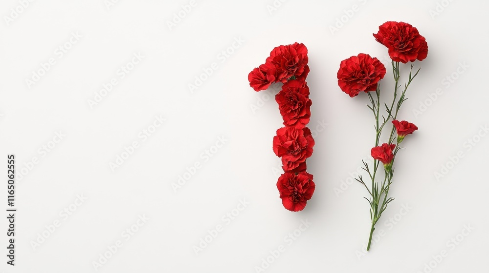 Carnation Number on White Background - Floral Decorative Digit Made of Red Blooms