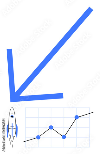 Rocket taking off beside a line graph with dots and a large downward arrow. Ideal for business growth, challenges, market decline, startup ideas, analytics, strategy shifts, abstract line flat