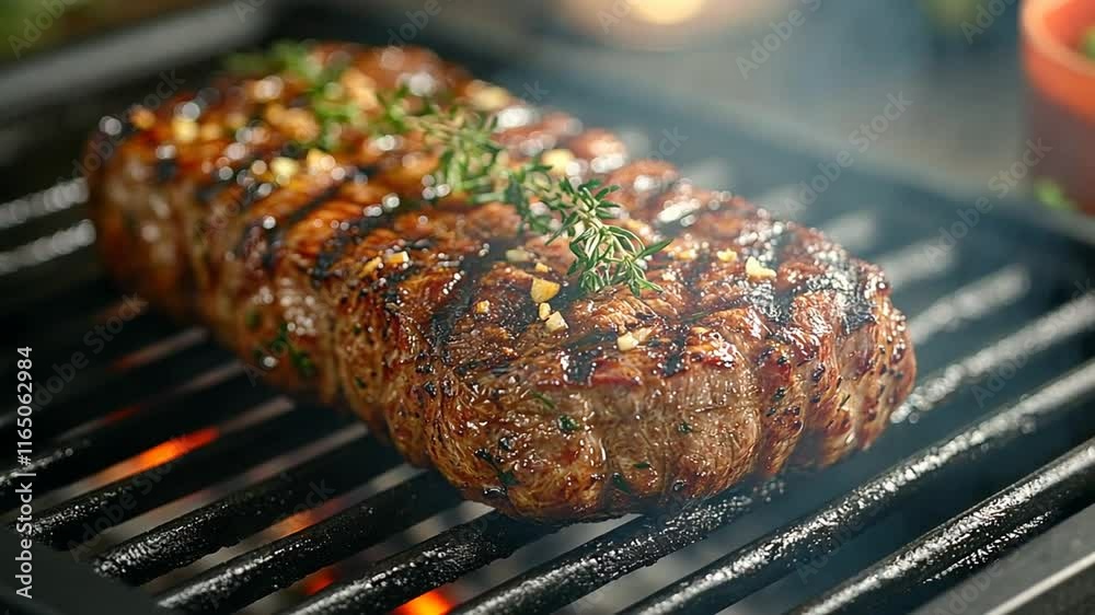 Sizzling Steak on a Grill, Perfectly Cooked and Seasoned Sizzling Steak on a Grill, Perfectly Cooked and Seasoned