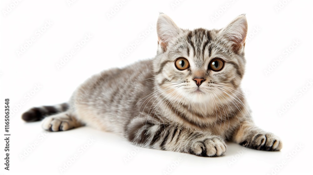Obraz premium Adorable Grey Tabby Kitten Posing on White Background