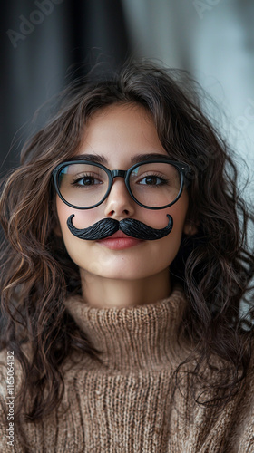 Woman with Glasses and Mustache Playful Portrait Fun Fashion