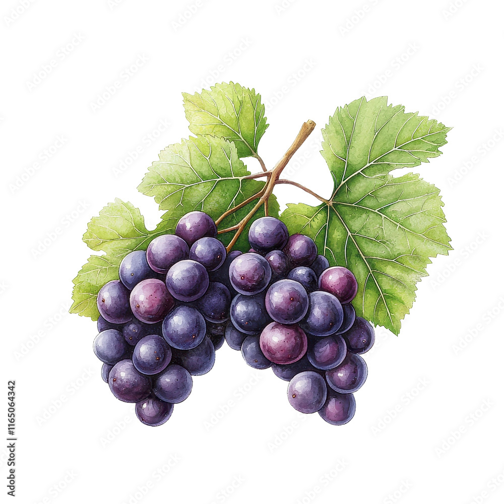 Fototapeta premium Fresh Grapes with Green Leaves on White Background