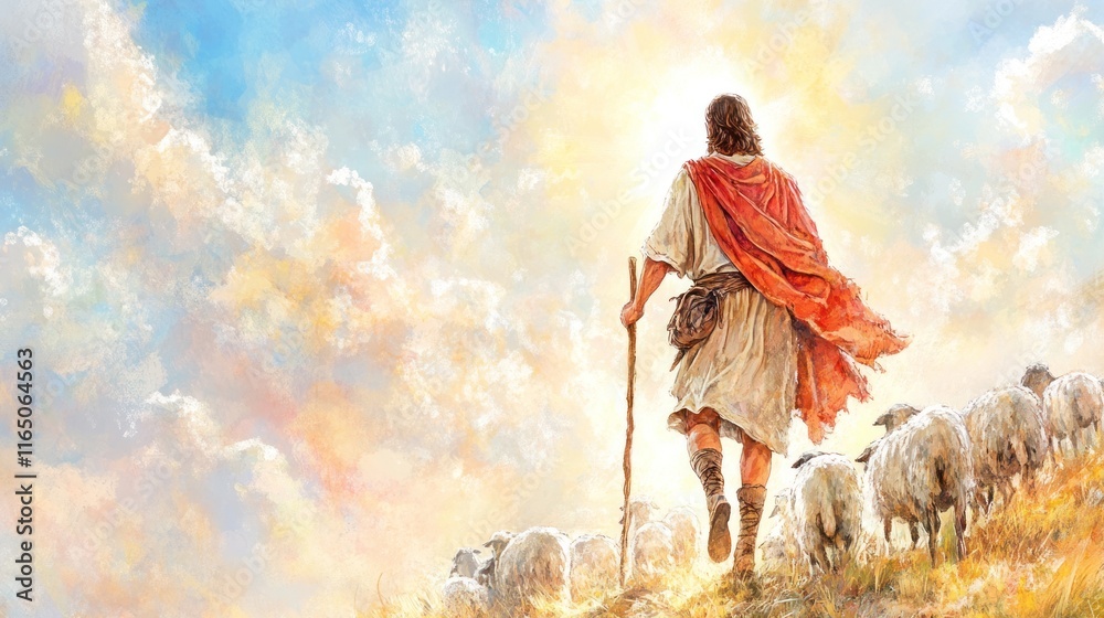 Fototapeta premium Guided by the Light: Shepherd Jesus Christ Leading Flock through Sun-Kissed Fields
