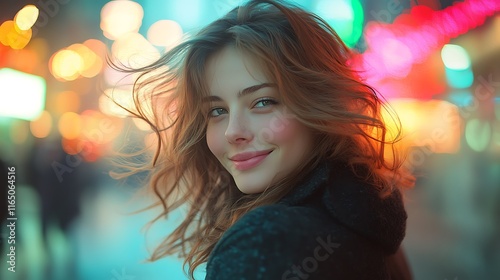 A young woman with a cheeky grin, winking at the camera, her hair playfully tousled by the wind, a bright urban background with blurred lights creating an energetic vibe. --ar 16:9