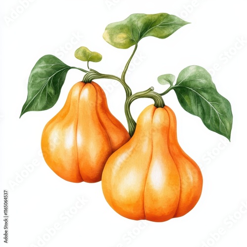 Two ripe orange squashes with green leaves, showcasing a vibrant, artistic depiction of fresh produce.