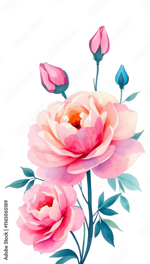 Fototapeta premium Watercolor hand-painted flowers rose peony flower beauty, silhouette, with white tones