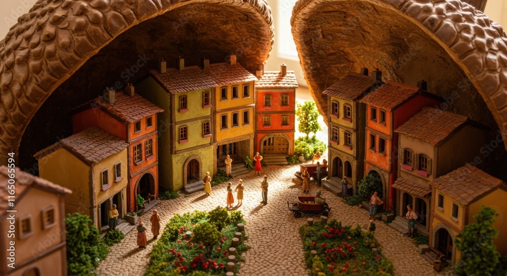 Fototapeta premium Charming miniature village inside a walnut shell with medieval architecture