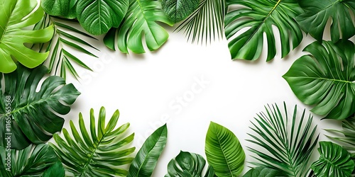 Lush green tropical leaves frame a white background, ideal for text or design elements.