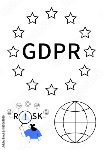 GDPR acronym surrounded by EU stars, magnifying glass inspecting Risk with icons, grid-thumbs up globe. Ideal for data privacy, legal compliance, Europe, regulations, risk analysis, technology