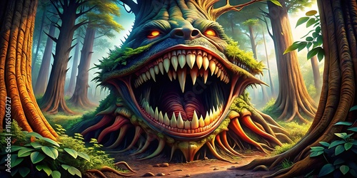 Monster Tree Mouth, Giant Teeth, Vivid Colors, Nature, Fantasy photo