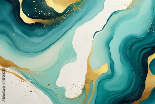 abstract painting of gold and teal blue with a white background