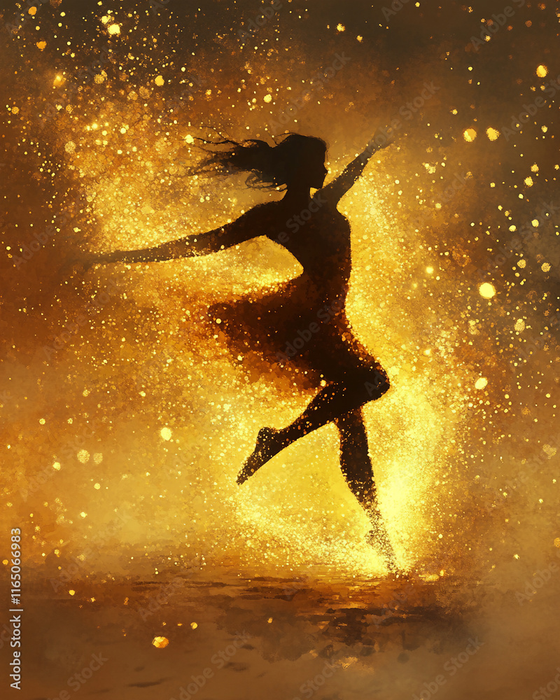 Naklejka premium Surreal Digital Painting of Ballerina Dissolving into Glowing Particles
