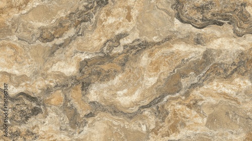 Close-up of beige and brown marble texture with swirling patterns and veins.