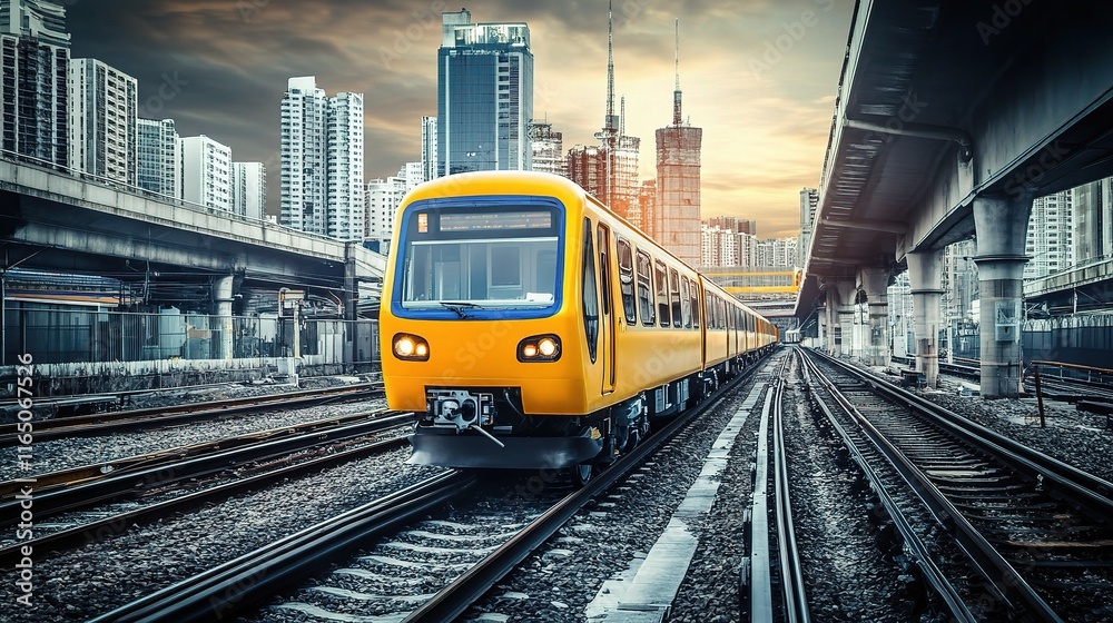 Naklejka premium Yellow Train in Front of Modern Industrial Cityscape at Dusk