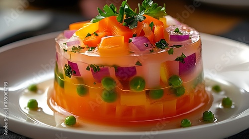 A vibrant rainbow aspic featuring layers of colorful vegetables like carrots, bell peppers, peas, and red onions suspended in translucent gelatin, garnished with sprigs of parsley, photo