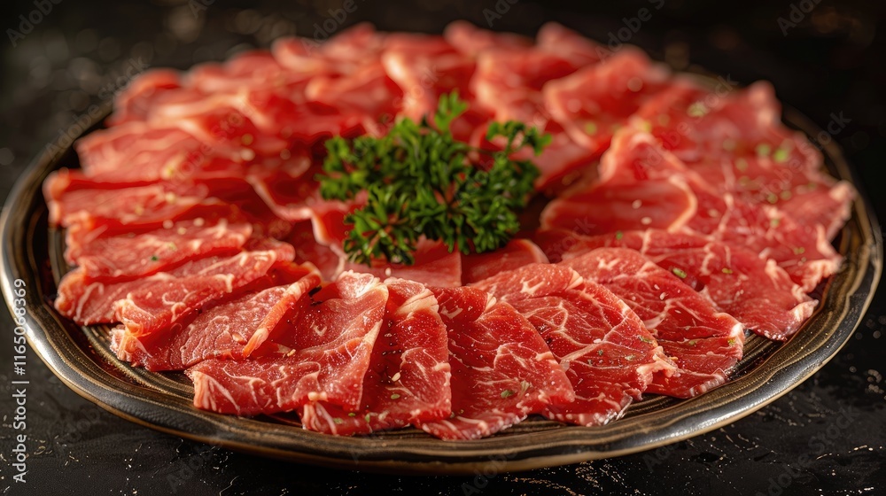 A beautifully arranged platter of thinly sliced raw beef garnished with fresh herbs. A beautifully arranged platter of thinly sliced raw beef garnished with fresh herbs.