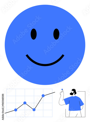 Blue smiling face above rising graph and person pointing to a chart emphasizes progress, optimism, and growth. Ideal for motivation, analytics, success, teamwork, business, positive mindset abstract