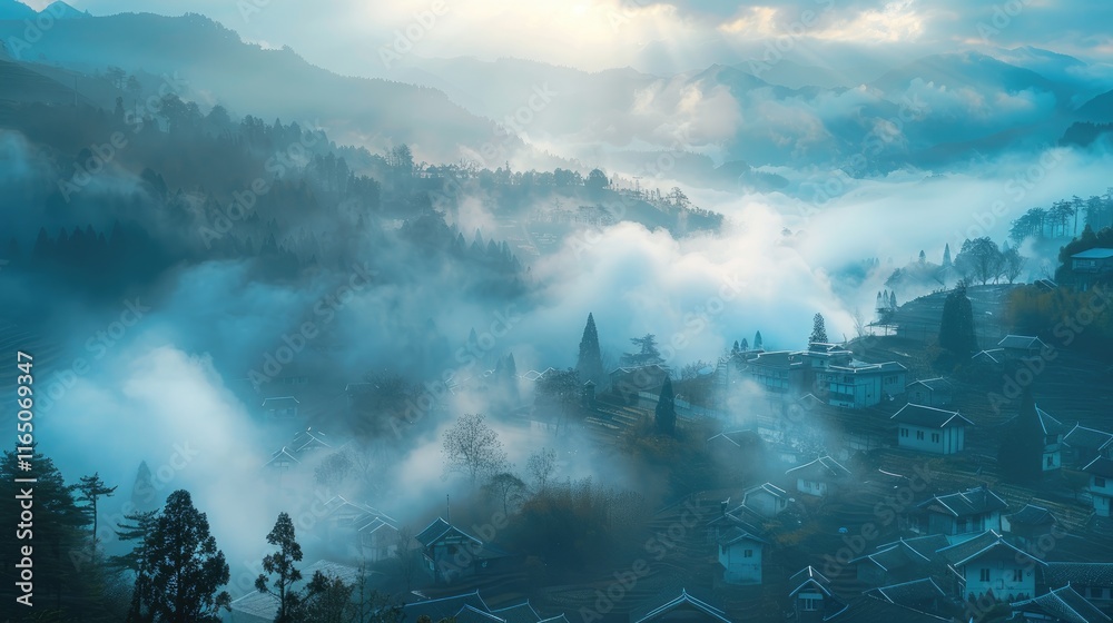 Fototapeta premium A serene landscape shrouded in mist, showcasing a tranquil village amidst mountains.