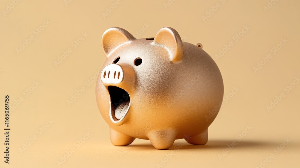 Surprised Golden Piggy Bank on Vibrant Yellow Background Surprised Golden Piggy Bank on Vibrant Yellow Background