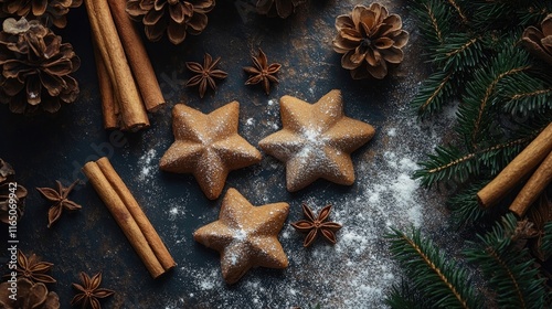 Overhead View of Cinnamon Stars, Star Anise, Cinnamon Sticks on Table photo