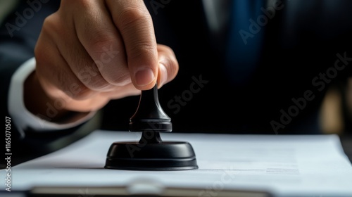 A hand pressing a stamp onto a document, symbolizing approval, authentication, or official endorsement in a professional setting.