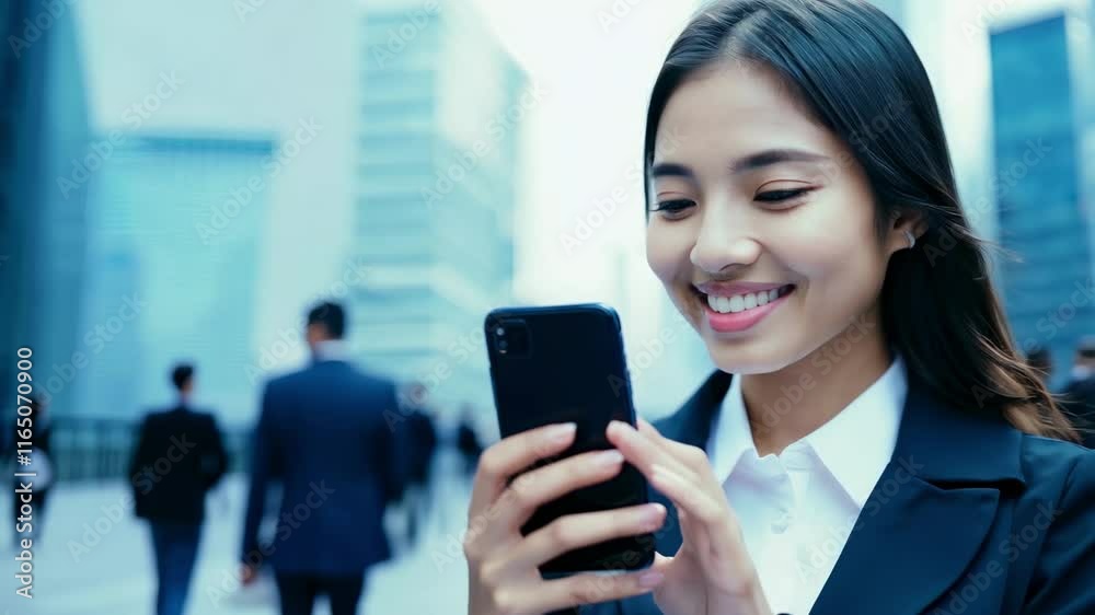 A smiling Asian businesswoman with a smartphone in the center of the city's business district. A confident businesswoman shares her story in the heart of the city. A smiling Asian businesswoman with a smartphone in the center of the city's business district. A confident businesswoman shares her story in the heart of the city.