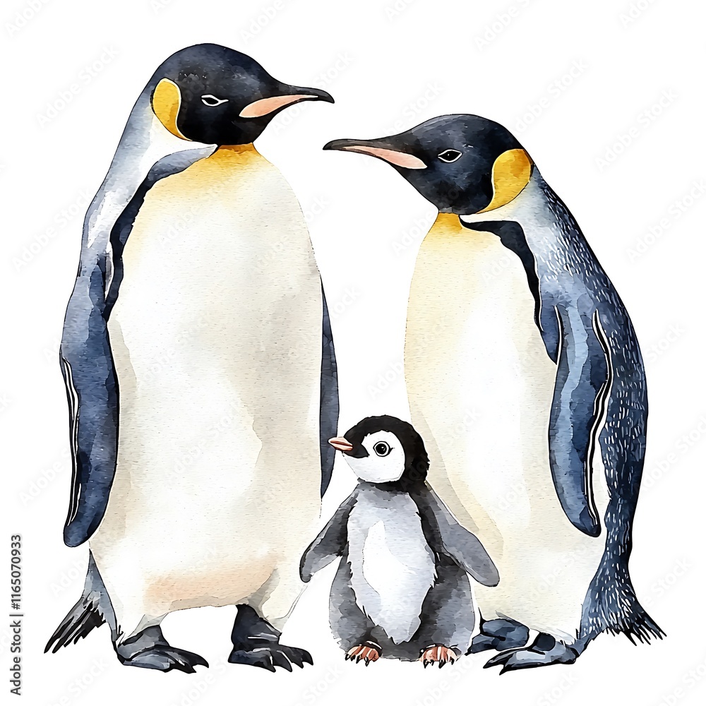 Fototapeta premium Watercolor Painting of a King Penguin Family Two Adult Penguins and a Chick.