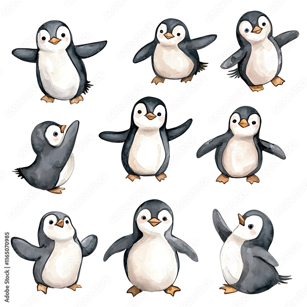 Fototapeta premium Nine Watercolor Illustrations of Adorable Penguins in Various Playful Poses.