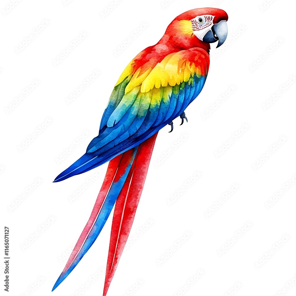 Obraz premium Vibrant Watercolor Painting of a Scarlet Macaw Parrot Isolated on White Background.