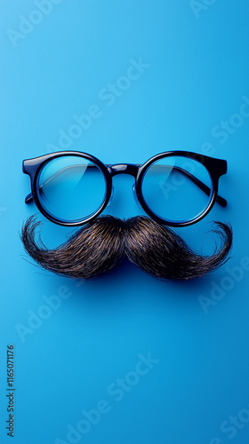 Fun Mustache Glasses on Blue Background Quirky Whimsical Vintage Style