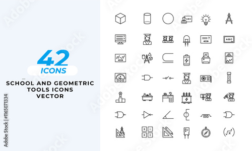 A set of line icons related to school and geometric tools Icons. board icon, classroom icon, compass icon, degree icon, education icon, geometric tools icon, and so on others.