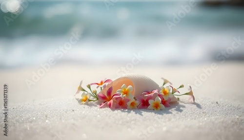 Summer beach serenity a shell adorned with flowers on the soft sand coastal landscape tranquil concept photo