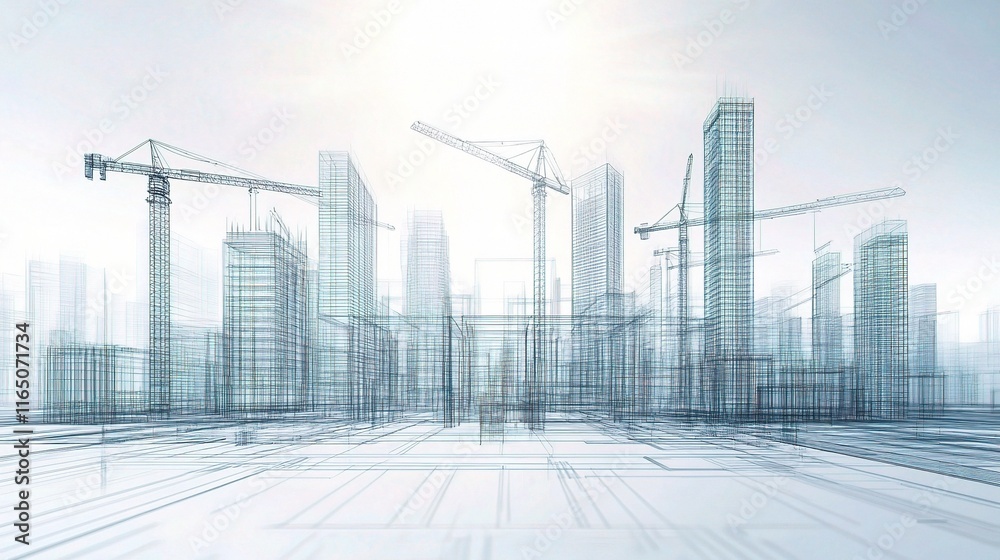 3D Wireframe City Design with Skyscrapers and Construction Cranes 3D Wireframe City Design with Skyscrapers and Construction Cranes
