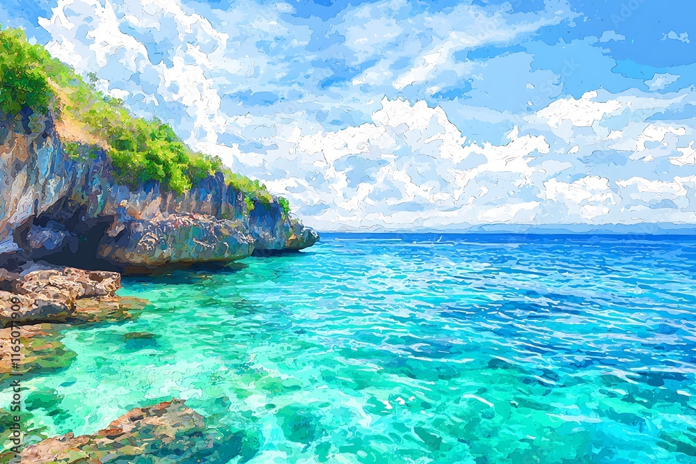 Vibrant Artistic Impression of a Tropical Seascape with Rocky Coastline and Turquoise Waters. Vibrant Artistic Impression of a Tropical Seascape with Rocky Coastline and Turquoise Waters.