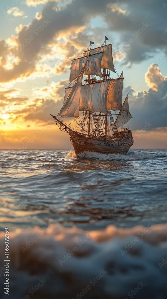 Fototapeta premium Majestic Sailing Ship at Sunset Ocean Voyage Travel