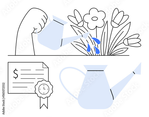 Hand using a watering can to water blooming flowers, signed financial document with seal, and a watering can. Ideal for growth, investment, nurturing, success, finance, nature productivity themes