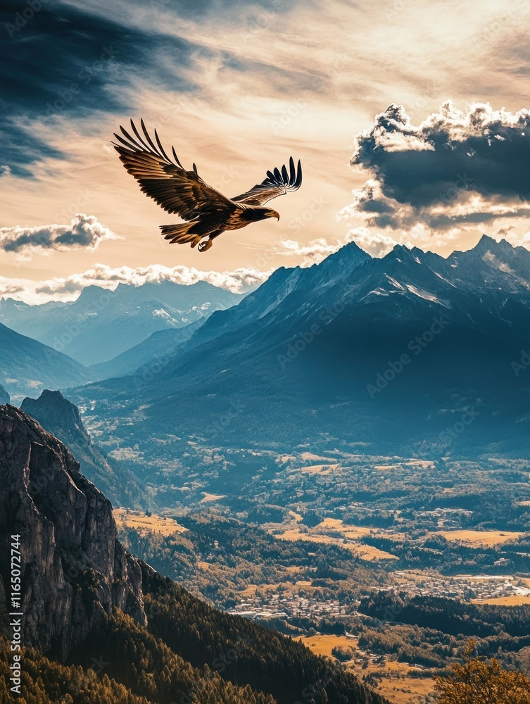 Fototapeta premium A majestic eagle soars over a breathtaking mountain landscape during sunset.