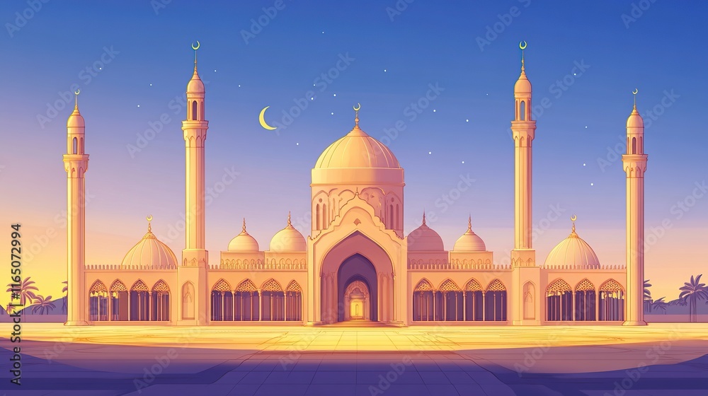 Fototapeta premium A serene and majestic Islamic mosque at sunrise, showcasing intricate architectural details like domes, minarets, and arabesque patterns
