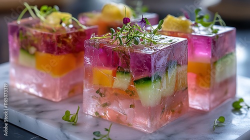 Bite-sized rainbow aspic cubes, featuring layers of vegetables and herbs in a crystal-clear jelly, arranged on a marble plate with a garnish of microgreens and lemon zest,