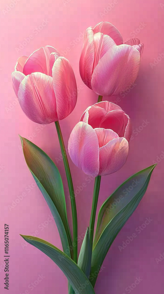 Obraz premium Three Pink Tulips on Pink Background Spring Flowers Floral Botany Nature