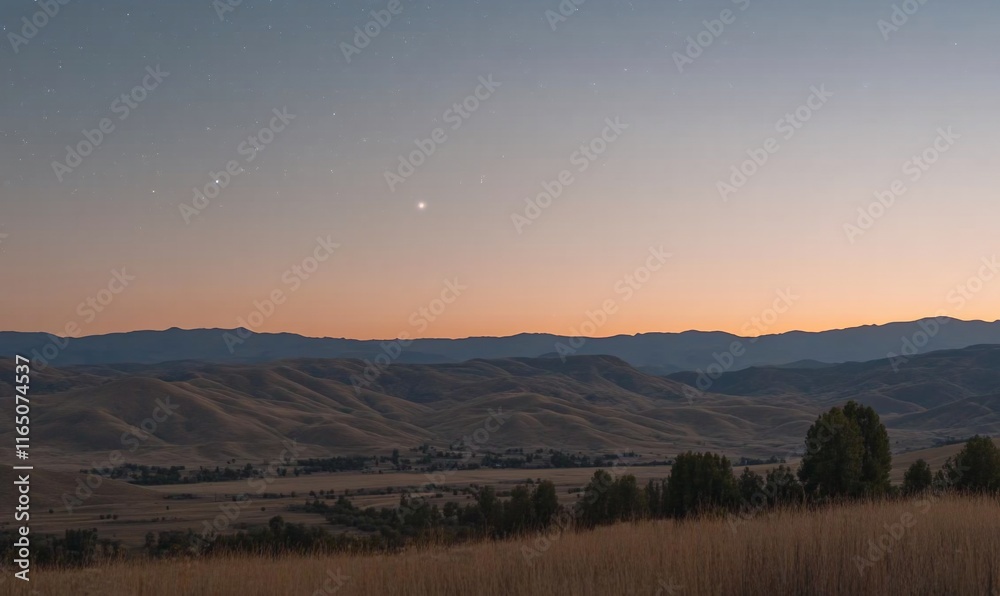 Obraz premium Serene twilight landscape with rolling hills and distant stars.