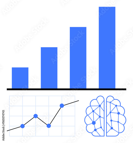 Bar chart showing growth, line graph with upward trend, and neural brain sketch. Ideal for data analysis, progress tracking, AI, technology, innovation strategy trends. Abstract line flat metaphor