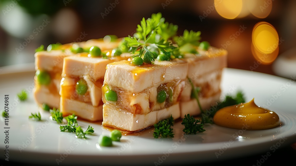 Thin slices of chicken aspic showcasing alternating layers of chicken and peas, served on a minimalist white plate with a sprig of parsley and a side of mustard, Thin slices of chicken aspic showcasing alternating layers of chicken and peas, served on a minimalist white plate with a sprig of parsley and a side of mustard,