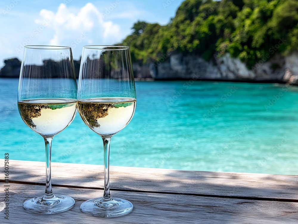 Two glasses of white wine sitting on a wooden table by the ocean Two glasses of white wine sitting on a wooden table by the ocean