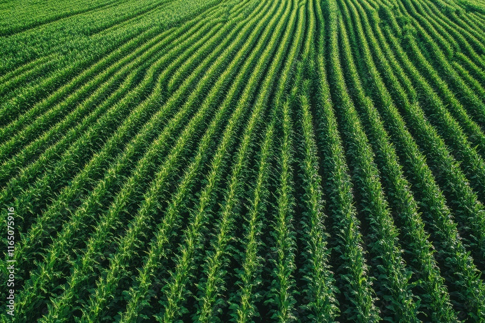 Lush Green Cornfield Under Bright Sunlight Showcases Rows of Healthy Plants in a Rural Setting During the Peak Growing Season Lush Green Cornfield Under Bright Sunlight Showcases Rows of Healthy Plants in a Rural Setting During the Peak Growing Season