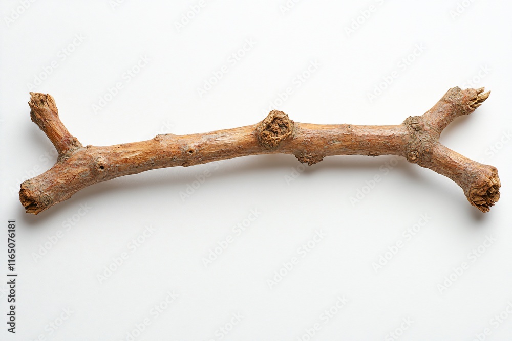 Small, dry, light brown twig on white background. Small, dry, light brown twig on white background.