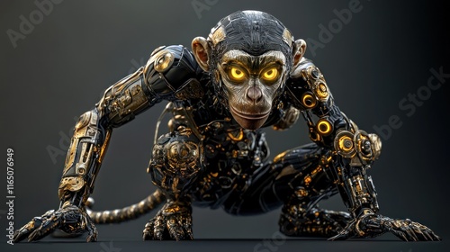 Robotic monkey with glowing eyes in a crouched position.