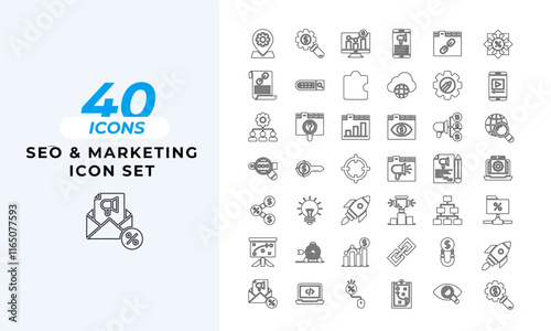 A set of line icons related to SEO & Marketing Icons. advertising, affiliate, analytics, bookmarking, branding, campaign, content, and so on others.