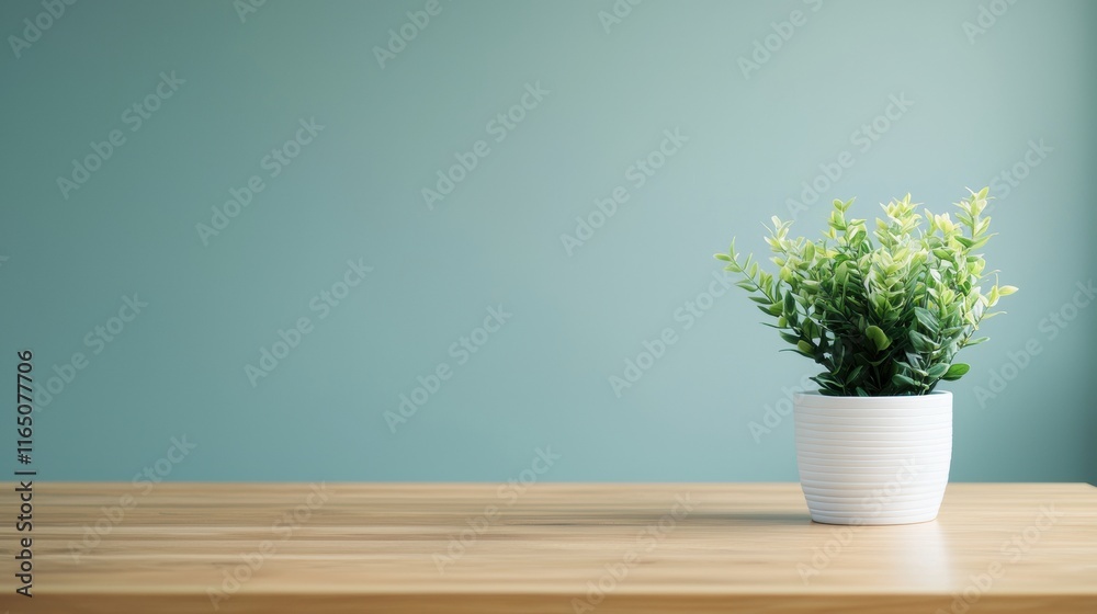 Fototapeta premium Small green plant decorating a wooden table against a light teal background